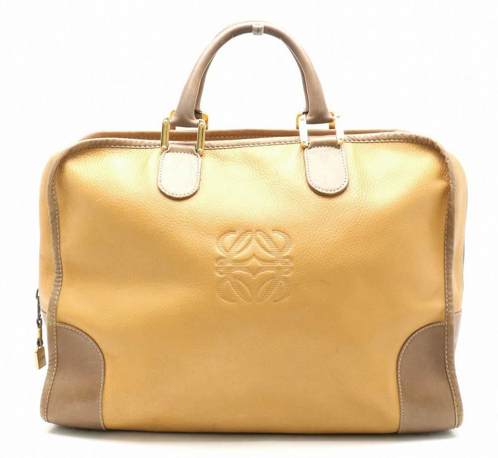 Loewe Amazona Leather Handbag Boston Camel Brown Gold